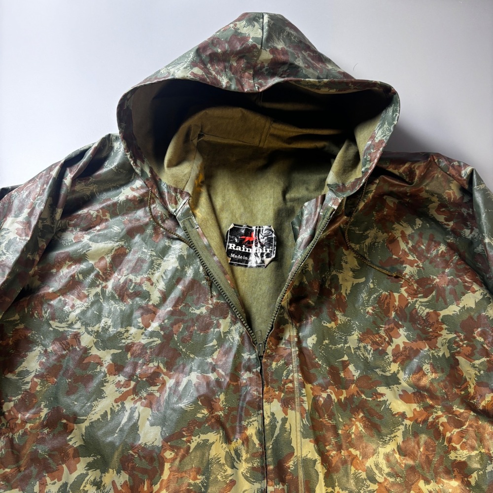 Vintage Rainfair Camo Hooded Raincoat XL Made in USA Brushstroke‎ Utility Jacket